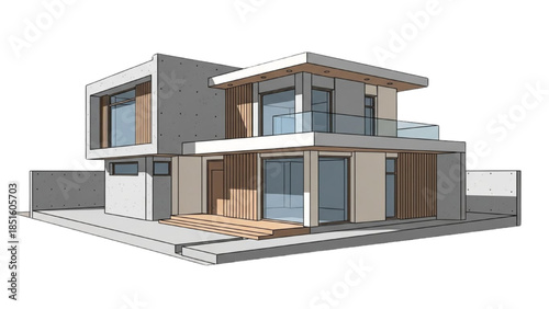 Modern two-story house with balcony and patio, architectural rendering of a residential building