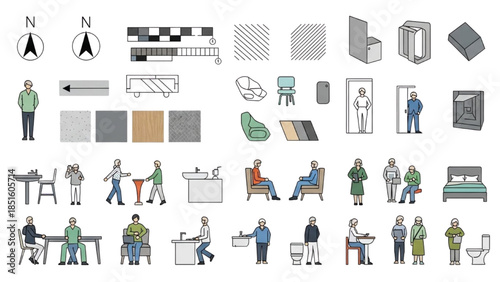 Illustration of various people interacting with office spaces and furniture from a top-down viewpoint.