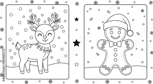 Coloring page with cartoon reindeer and gingerbread man for Christmas vector illustration