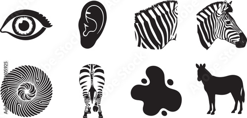 Collection of Eight Black and White Icons Including Eye Ear Zebra Stripes and Horse Silhouette symbols