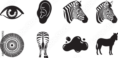 Collection of Eight Black and White Icons Including Eye Ear Zebra Stripes and Horse Silhouette symbols