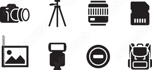 Photography icons camera tripod lens memory card picture flash aperture backpack Keywords: camera, photography, equipment, gear, tripod, lens