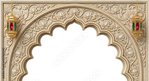 Ornate White and Gold Archway with Hanging Lanterns and Lotus Flowers intricate isolated on a transparent background