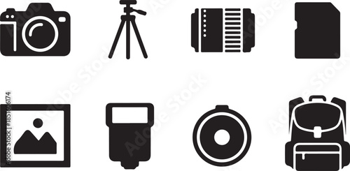 Set of black and white icons for photography and camera equipment Keywords: camera tripod lens SD card photo frame flash external flash lens cap