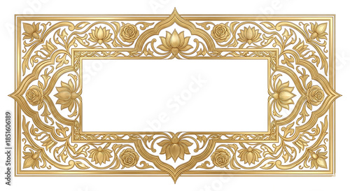 Rectangular Golden Frame with Intricate Floral and Lotus Motifs ornate isolated on a transparent background