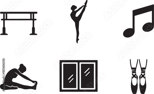 Silhouette Icons of Ballet Dance and Fitness Elements Keywords: ballet barre, dancer, stretching, split, music note, ballet shoes, pointe shoes