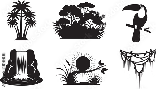 Silhouette Icons of Tropical Jungle Wildlife and Nature Scenes Keywords: palm trees, jungle, forest, trees, toucan, bird, branch, waterfall, water