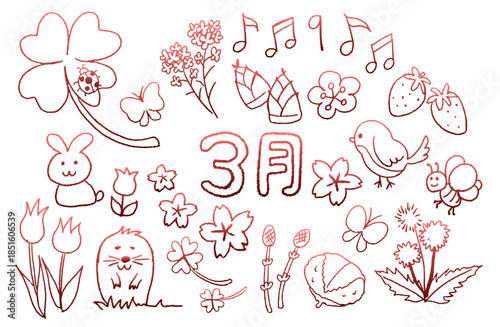 ３月の手描きイラスト素材・動物と食べ物と花のセット・線画