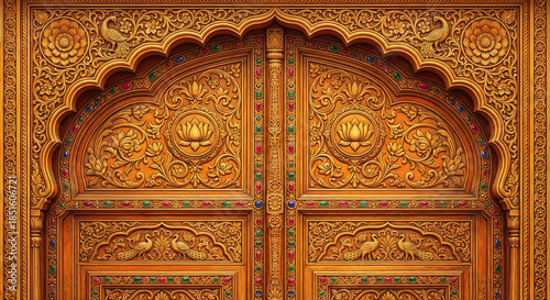 Detailed Golden Wooden Doors with Peacock and Lotus Carvings ornate carved isolated on a transparent background