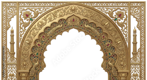 Elaborate Golden Indian Arch with Peacocks and Gemstones ornate isolated on a transparent background
