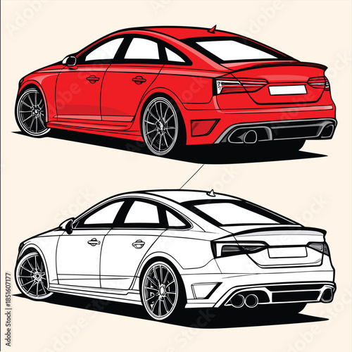 Illustration of red sport sedan car illustration, side rear view, vector design