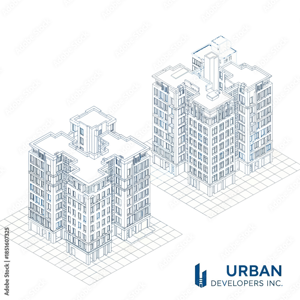 Fototapeta premium Isometric architectural rendering of modern apartment buildings with detailed facades.