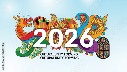 Vibrant Cultural Unity 2026 Celebration Logo with Dragon, Diverse Patterns and Colors Representing Global Harmony and Festivity