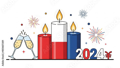 New Year Celebration with Candles and Champagne Glasses 2024 Yen Symbol Fireworks