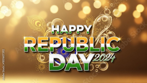 Vibrant Happy Republic Day 2024 Celebrations with Sparkling Gold Background and Colorful Typography