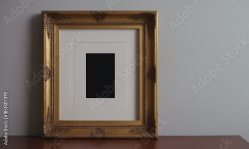 Blank frame on a wooden table against a plain wall with a light color in a simple indoor setting Generative AI