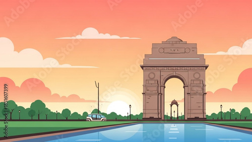 India Gate Monument at Sunset with Car and Reflections in Water, New Delhi Landmark and Tourist Attraction in India Scene