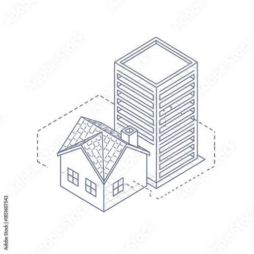 Isometric drawing of a house next to a tall building.