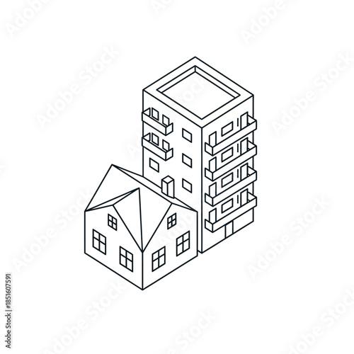 Isometric drawing of a house next to an apartment building.