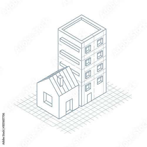 Isometric drawing of a modern building complex with a smaller house attached.