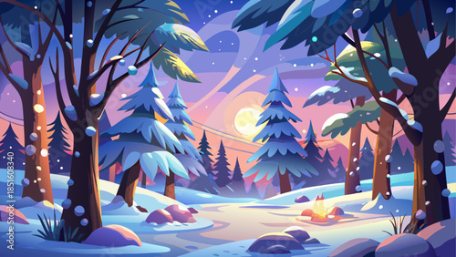 Winter background featuring beautiful snow-covered trees, creating an enchanting Christmas scene with soft light, peaceful atmosphere, and magical seasonal charm