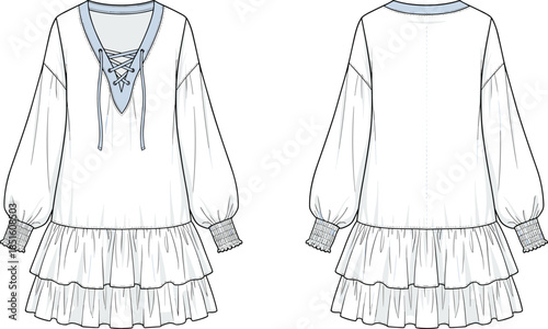 Women boho ruffle dress fashion technical flat sketch front back view long sleeve lace up neckline vector illustration