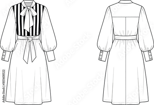 Women dress technical drawing, front back view fashion flat sketch, striped bodice belted midi dress bow neck