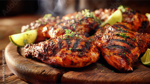 Grilled chicken drumsticks, presented beautifully with lime slices on a wooden board. The aroma of freshly grilled chicken is almost palpable