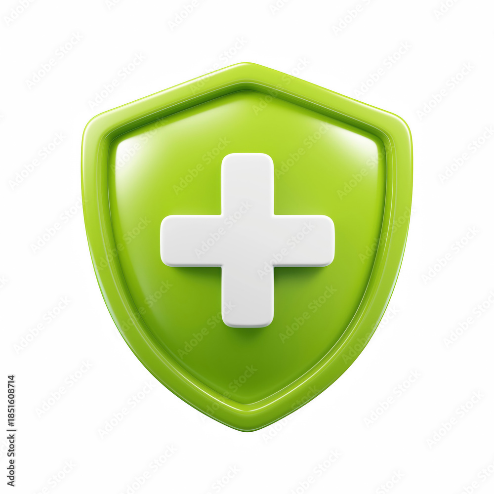 Obraz premium 3D cartoon green shield with white medical cross, healthcare protection icon isolated on transparent background.