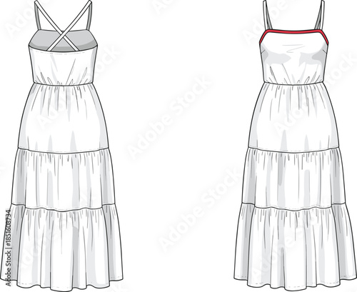 Women summer dress technical drawing, front back view fashion flat sketch, tiered maxi dress spaghetti strap design