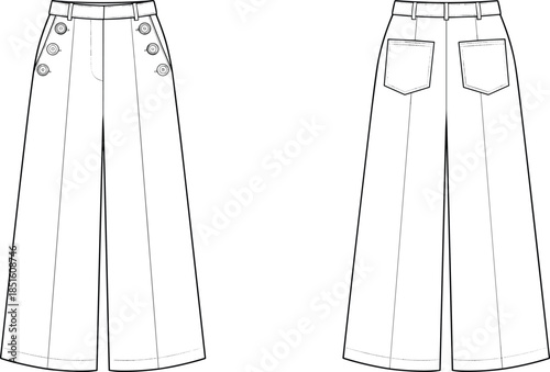 Women wide leg pants technical drawing, front back view fashion flat sketch, high waist button detail trousers