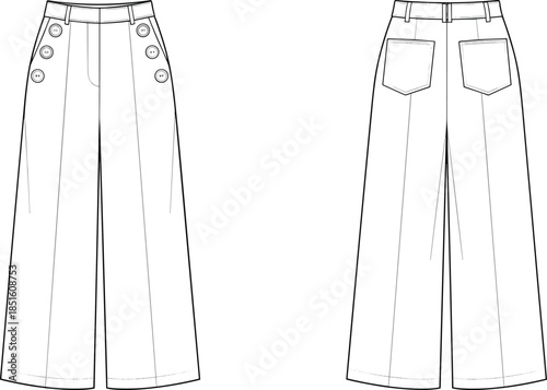 Women wide leg pants technical drawing, front back view fashion flat sketch, high waist button detail trousers