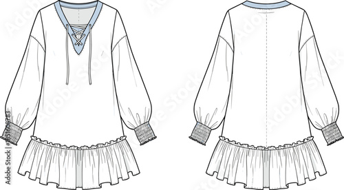 Women's lace up ruffled dress fashion flat vector illustration front and back view long sleeve design apparel technical