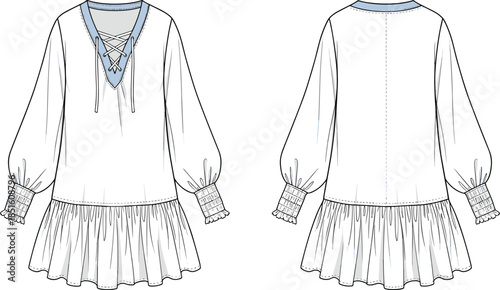 Women's lace up ruffled dress, fashion flat vector illustration, front and back view long sleeve apparel technical design
