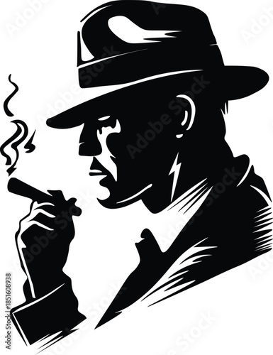 Silhouette of a detective in a fedora smoking a cigar, noir styleSilhouette of a detective in a fedora smoking a cigar, noir style
