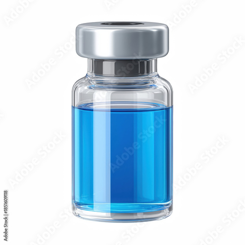 3D cartoon medical vial bottle with blue liquid and silver cap isolated on transparent background.