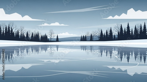 Tranquil Winter Landscape: A serene winter scene unfolds with a mirror-like lake reflecting a forest and serene sky, creating a calming atmosphere.