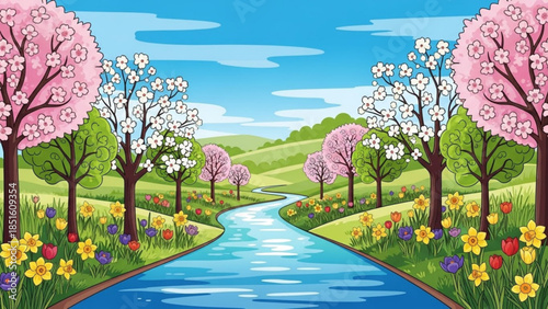 Blossom River Serenity: A scenic illustration of a tranquil river meandering through a picturesque landscape of vibrant spring blossoms, inviting you to embrace the beauty of nature.