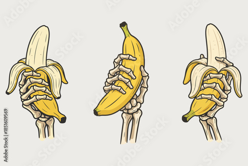 Skeleton Hands Holding and Peeling Bananas Vector Illustration Set