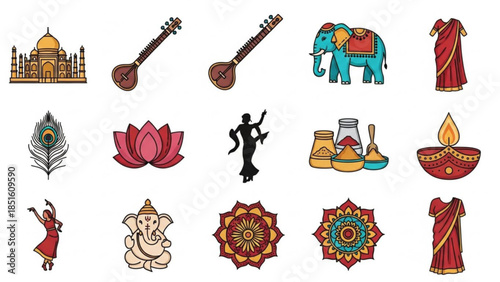 India Cultural Symbols: A vibrant array of iconic symbols and motifs representing the rich tapestry of Indian culture and heritage. A visual celebration of the diverse elements that define India.