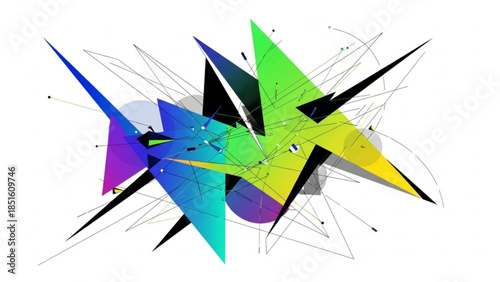 Dynamic Geometric Fusion: A vibrant composition of intersecting geometric shapes, where color, form, and lines converge to create an arresting visual experience.