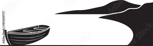 Peaceful landscape silhouette of a wooden boat on the shore near a mountain cliff. Vector illustration of a scenic lake or coastal view for travel and nature.