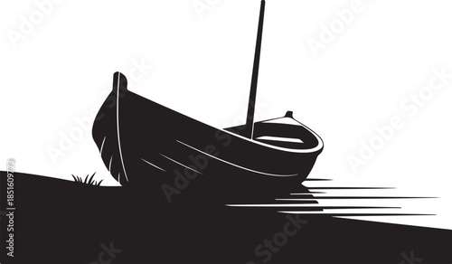 A wooden fishing boat and a fisherman's silhouette rest on the tropical coast of a Thailand island during a summer sunset over the calm ocean