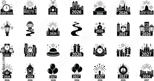 Conceptual Children Lighting Sparklers New Year 2026/2027 Silhouette Icon Set