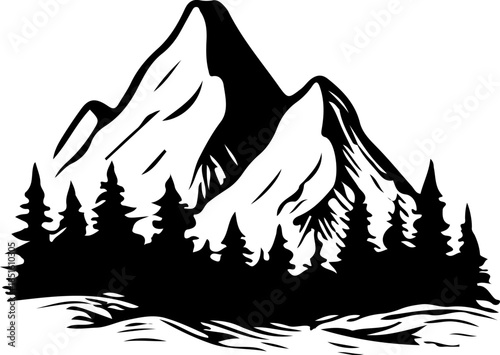 Silhouette Vector of Majestic Mountains Trees and Winding River Scene