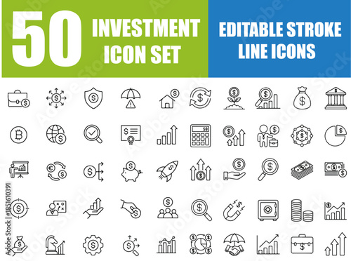 Investment Icon Set – Editable Line Icons Collection Featuring Investor, Mutual Fund, Asset, Dividend, Economy, Financial Growth, Stock Market, Capital, Risk, Inflation, Portfolio Management and Wealt