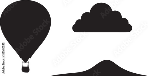 A vector illustration of hot air balloons flying over mountains toward a digital cloud computing icon representing global network technology and internet data server storage in the sky