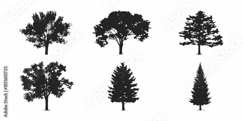 Silhouettes of various tree types displayed in a minimalist black and white style