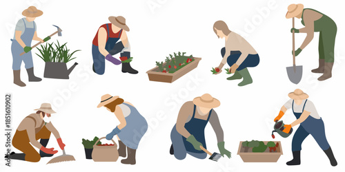 Gardeners tending plants and vegetables in a colorful outdoor setting