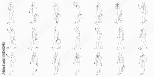 Line art illustration depicting a diverse group of people walking with briefcases